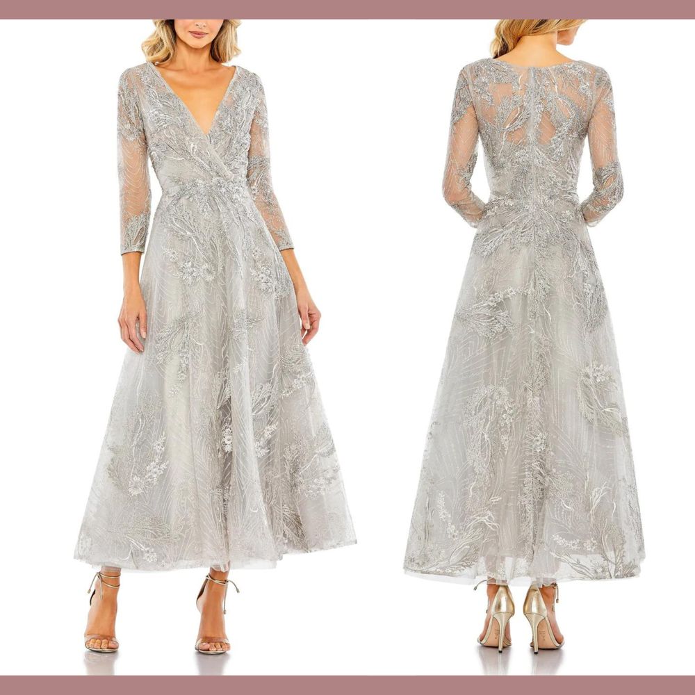 Nwt Mac Duggal [ 8 ] 20336 Embellished Wrap Over 3/4 Sleeve Midi Dress Platinum